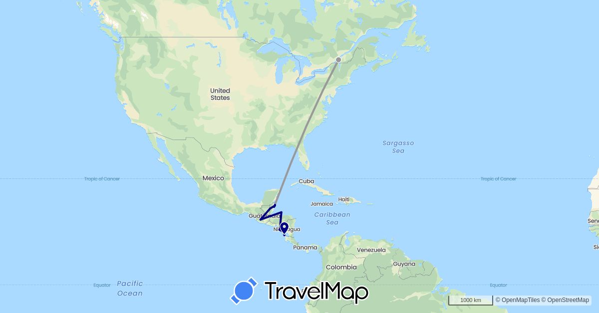 TravelMap itinerary: driving, plane in Belize, Canada, Guatemala, Honduras, Nicaragua (North America)